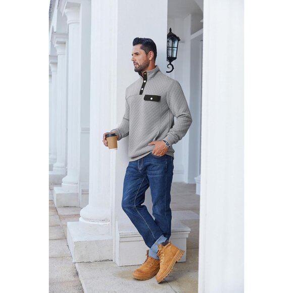 Men's Sweatshirt Quarter Button Pullover Sweatshirt Stand Collar Polo Light Grey - Picture 4 of 5